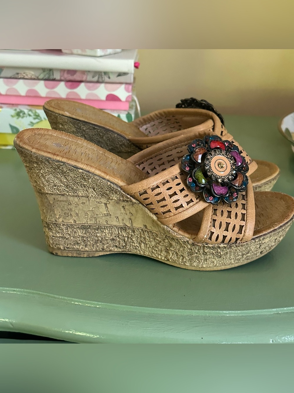 Patrizia Spring Step Tan Floral Jewel Accent Slide Platform Wedge Sandal 38/7.5 - Picture 7 of 13